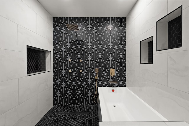 211 Whisper Ridge Dr, Bigfork, MT 59911 - bathroom with tile walls, tiled shower, and a tub to relax in