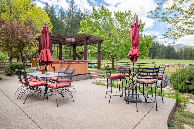 9995 Obrien Creek Rd, Missoula, MT 59804 - view of patio / terrace featuring a hot tub, outdoor dining area, and a pergola