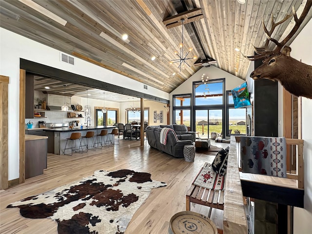 8 Montana Way, Ennis, MT 59729 - living area featuring a chandelier, light wood-style floors, a wooden ceiling with exposed beams, and high vaulted ceiling