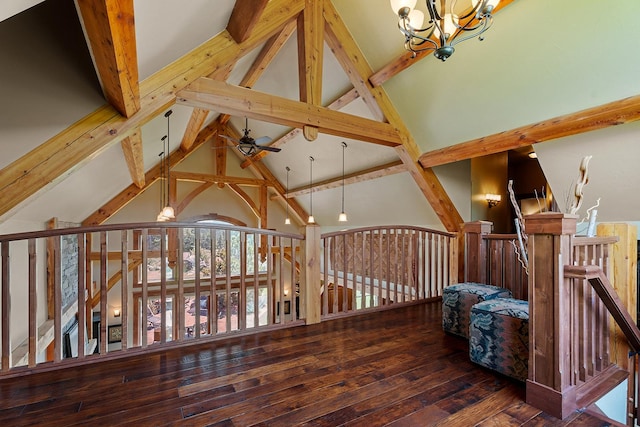 3 Antelope Ct, Clancy, MT 59634 - bonus room featuring a chandelier, ceiling fan, beam ceiling, wood-type flooring, and high vaulted ceiling
