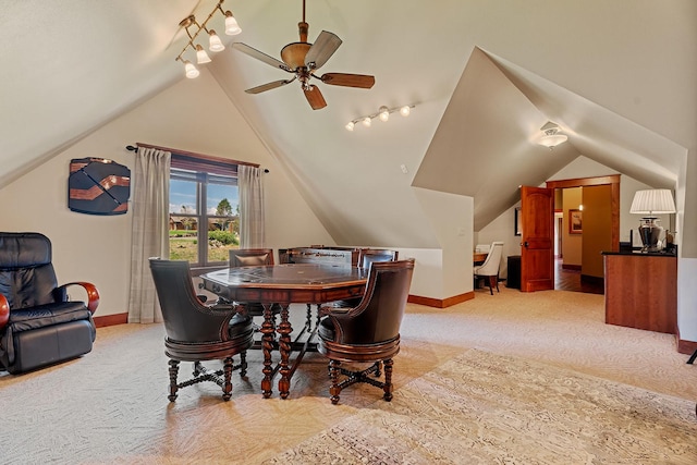3 Antelope Ct, Clancy, MT 59634 - dining area with track lighting, vaulted ceiling, carpet flooring, and ceiling fan