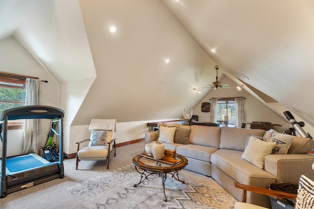 3 Antelope Ct, Clancy, MT 59634 - living area with vaulted ceiling, carpet floors, and ceiling fan