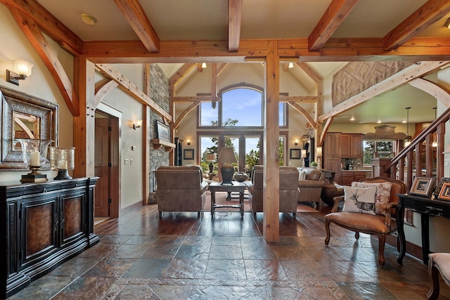 3 Antelope Ct, Clancy, MT 59634 - building lobby with beamed ceiling, high vaulted ceiling, and stairway