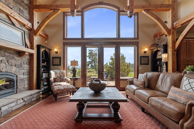 3 Antelope Ct, Clancy, MT 59634 - living room featuring a high ceiling, healthy amount of natural light, a fireplace, and wood finished floors