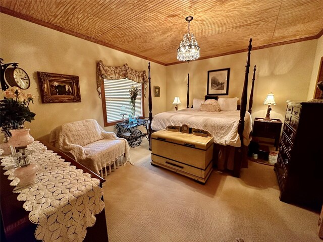 172 Hayfield Loop Trl, Ennis, MT 59729 - bedroom with ornamental molding, carpet, a chandelier, and wood ceiling