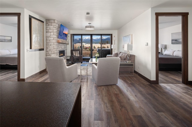 311E Akers Ln Unit E, Whitefish, MT 59937 - living room featuring dark wood-style floors and a stone fireplace