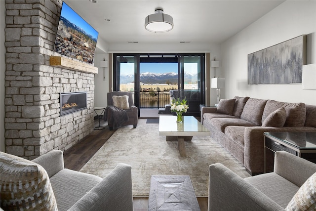 311E Akers Ln Unit E, Whitefish, MT 59937 - living area with wood finished floors and a fireplace