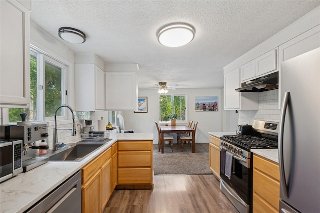 1970 Benchmark Ln, Whitefish, MT 59937 - kitchen featuring appliances with stainless steel finishes, under cabinet range hood, wood finished floors, light countertops, and tasteful backsplash