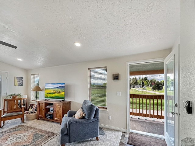 2 Hardy Cir, Ennis, MT 59729 - living area featuring a textured ceiling, plenty of natural light, a textured wall, and a ceiling fan