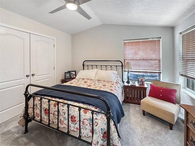 2 Hardy Cir, Ennis, MT 59729 - carpeted bedroom with vaulted ceiling, a closet, and ceiling fan