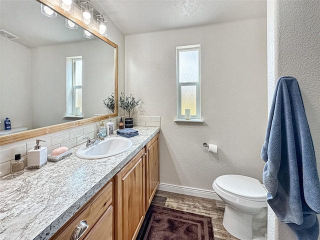 2 Hardy Cir, Ennis, MT 59729 - bathroom with plenty of natural light, vanity, wood finished floors, a textured wall, and backsplash