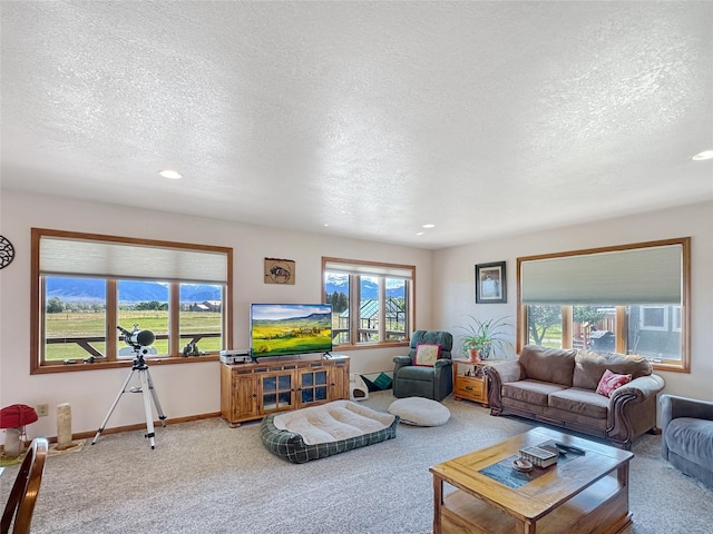 2 Hardy Cir, Ennis, MT 59729 - living area with carpet flooring, a textured ceiling, and recessed lighting