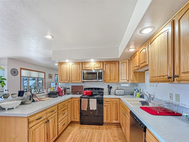 2 Hardy Cir, Ennis, MT 59729 - kitchen with appliances with stainless steel finishes, light wood-type flooring, a peninsula, a textured ceiling, and light countertops