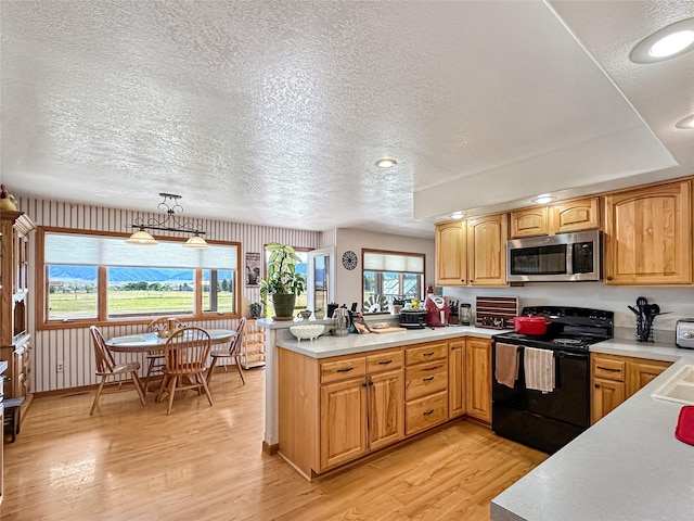 2 Hardy Cir, Ennis, MT 59729 - kitchen featuring stainless steel microwave, black / electric stove, a textured ceiling, a peninsula, and light countertops