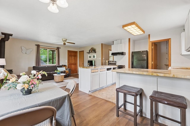 257 Fawn Trl, Whitefish, MT 59937 - kitchen with stainless steel electric stove, freestanding refrigerator, under cabinet range hood, and white cabinetry