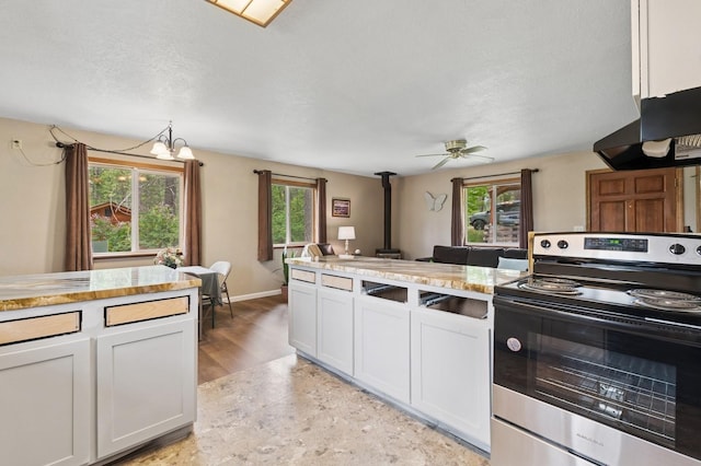 257 Fawn Trl, Whitefish, MT 59937 - kitchen with stainless steel electric range oven, a wood stove, healthy amount of natural light, and light countertops