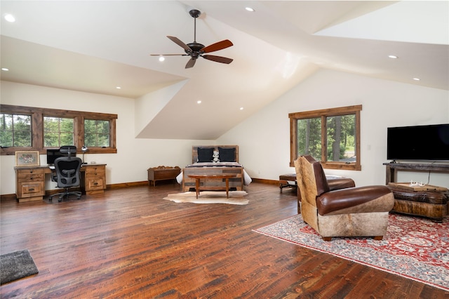 1263 Spencer Ridge Rd, Whitefish, MT 59937 - living room featuring vaulted ceiling, a desk, wood finished floors, ceiling fan, and recessed lighting