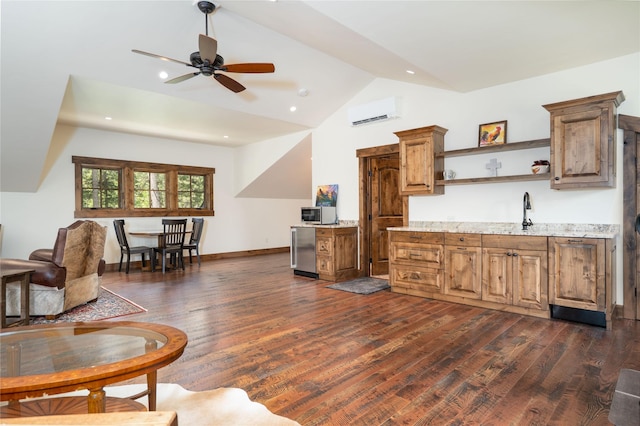 1263 Spencer Ridge Rd, Whitefish, MT 59937 - indoor wet bar featuring a wall unit AC, dark wood-style flooring, refrigerator, lofted ceiling, and stainless steel microwave