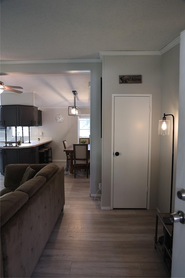 3000 Villard Ave Unit 149, Helena, MT 59601 - living room featuring ornamental molding, a ceiling fan, and light wood-style flooring