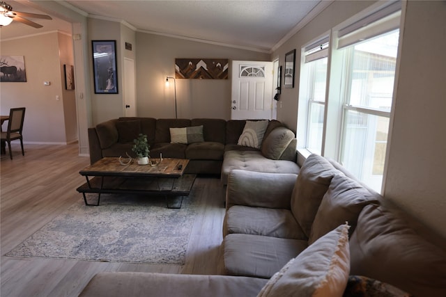 3000 Villard Ave Unit 149, Helena, MT 59601 - living area with wood finished floors, crown molding, a ceiling fan, and lofted ceiling