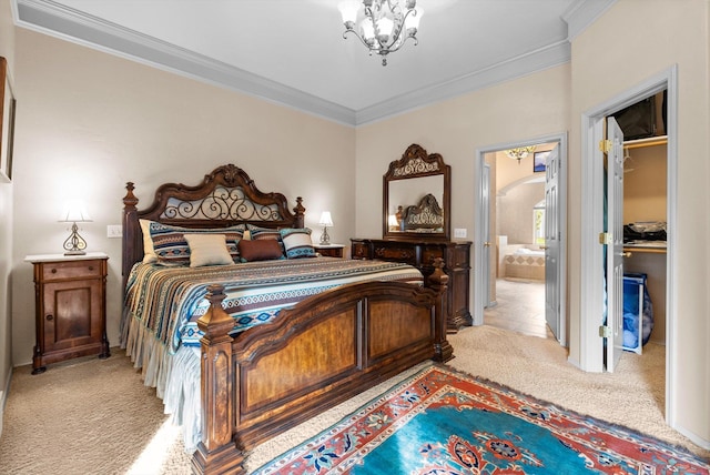 18 Buffalo Hill Cir, Kalispell, MT 59901 - bedroom with light carpet, crown molding, a chandelier, arched walkways, and ensuite bathroom