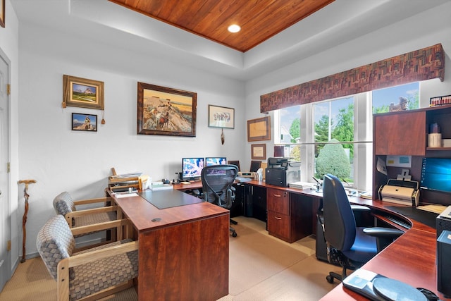 18 Buffalo Hill Cir, Kalispell, MT 59901 - office area featuring a raised ceiling, wood ceiling, light colored carpet, and recessed lighting