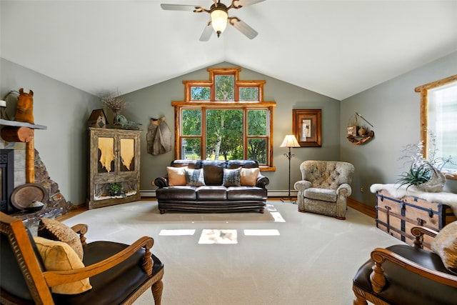 12 Pathfinder Trl, Bozeman, MT 59718 - living room featuring a ceiling fan, plenty of natural light, vaulted ceiling, and a baseboard heating unit