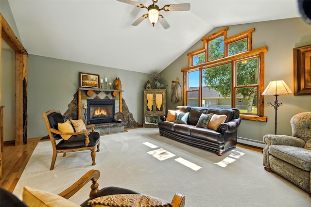 12 Pathfinder Trl, Bozeman, MT 59718 - living room featuring a ceiling fan, baseboard heating, lofted ceiling, a stone fireplace, and wood finished floors