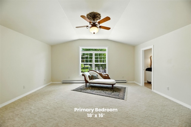 12 Pathfinder Trl, Bozeman, MT 59718 - sitting room featuring carpet, ceiling fan, lofted ceiling, and a baseboard radiator