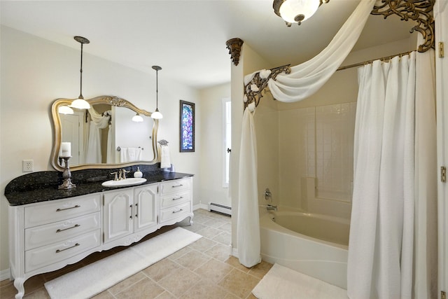 12 Pathfinder Trl, Bozeman, MT 59718 - bathroom featuring a baseboard heating unit, vanity, shower / bathtub combination with curtain, and tile patterned floors