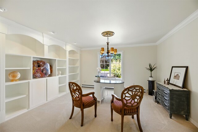 12 Pathfinder Trl, Bozeman, MT 59718 - dining area featuring a baseboard heating unit, light carpet, crown molding, a chandelier, and built in shelves
