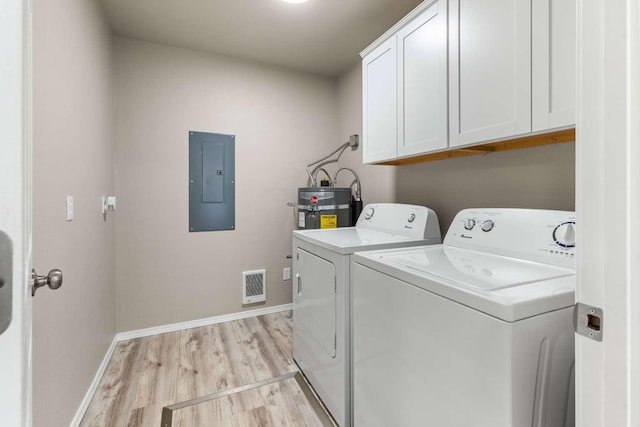 620 N 4th St, Hamilton, MT 59840 - laundry room with electric panel, cabinet space, washer and clothes dryer, light wood finished floors, and strapped water heater