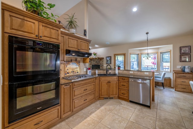 13 Crossfire Dr, Clancy, MT 59634 - kitchen featuring appliances with stainless steel finishes, a peninsula, decorative backsplash, brown cabinetry, and recessed lighting