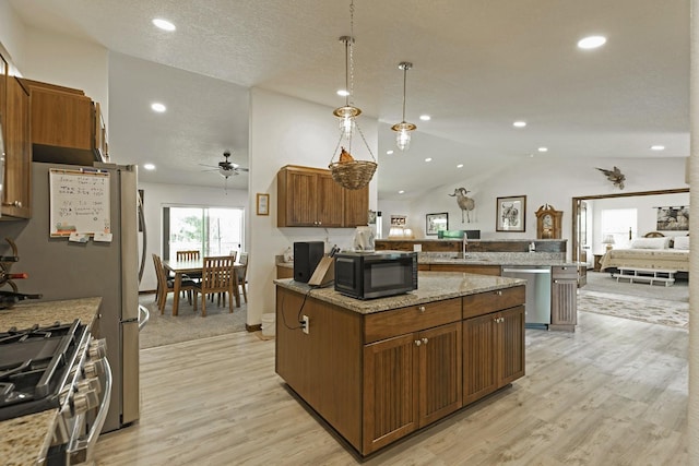 3979 Evenson Ln, Stevensville, MT 59870 - kitchen featuring stainless steel appliances, a peninsula, light wood-style floors, lofted ceiling, and ceiling fan