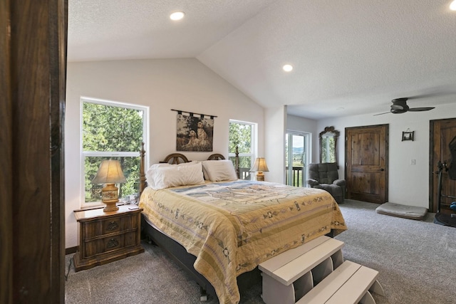 3979 Evenson Ln, Stevensville, MT 59870 - bedroom featuring carpet floors, a textured ceiling, lofted ceiling, recessed lighting, and ceiling fan