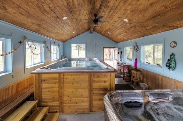 3979 Evenson Ln, Stevensville, MT 59870 - miscellaneous room featuring wood ceiling, a jacuzzi, a ceiling fan, healthy amount of natural light, and a wainscoted wall