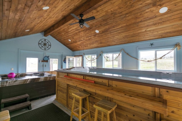 3979 Evenson Ln, Stevensville, MT 59870 - kitchen with wood ceiling, ceiling fan, healthy amount of natural light, and carpet flooring