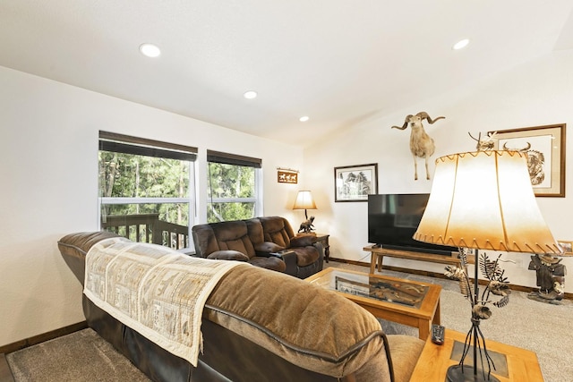 3979 Evenson Ln, Stevensville, MT 59870 - living room featuring lofted ceiling, recessed lighting, and carpet floors