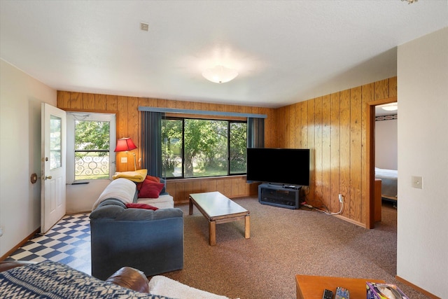 3250 US Highway 2 W, Kalispell, MT 59901 - carpeted living room featuring wooden walls and plenty of natural light