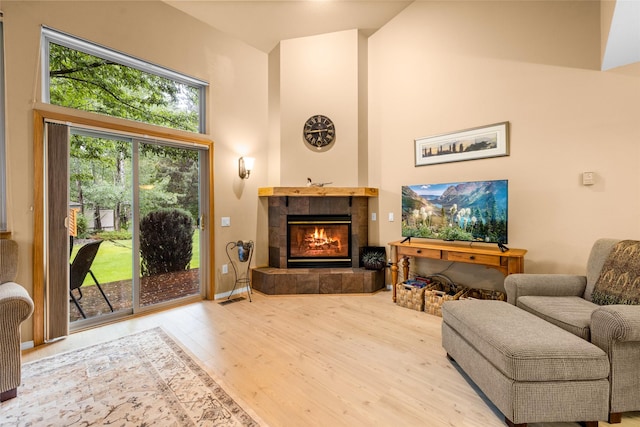 1750 E Lakeshore Dr Unit 212, Whitefish, MT 59937 - living room with wood finished floors, a fireplace, and a towering ceiling