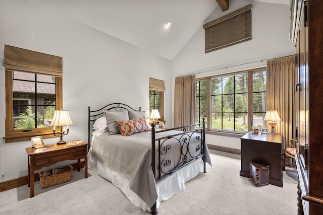 176 Whitefish Hills Loop, Whitefish, MT 59937 - bedroom featuring high vaulted ceiling, light carpet, beamed ceiling, and recessed lighting