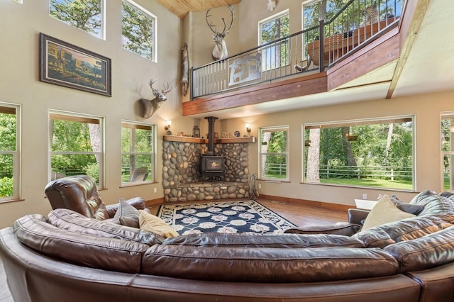 745 Capistrano Dr, Kalispell, MT 59901 - living area with a towering ceiling, a wood stove, wood finished floors, and healthy amount of natural light