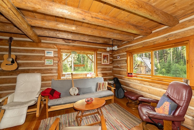 235 Red Meadow Rd, Polebridge, MT 59928 - living room featuring wood finished floors, a wooden ceiling with exposed beams, and log walls