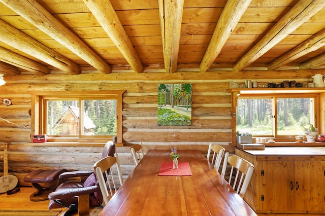 235 Red Meadow Rd, Polebridge, MT 59928 - dining room with a wood ceiling with exposed beams and rustic walls