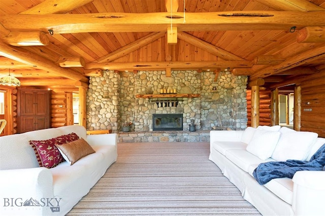 5600 Spring Mountain Rd, Florence, MT 59833 - living area featuring rustic walls, wooden ceiling, a fireplace, and carpet floors