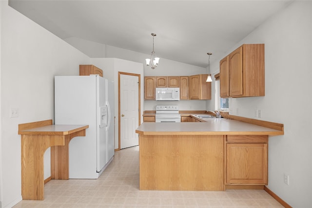 3477 Birkland Dr, Helena, MT 59602 - kitchen with white appliances, a peninsula, lofted ceiling, light countertops, and light flooring