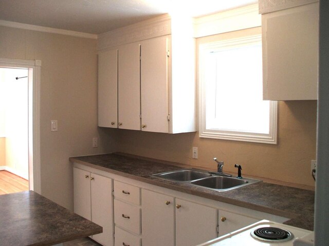905 3rd Ave E, Kalispell, MT 59901 - kitchen with ornamental molding, white cabinets, and dark countertops