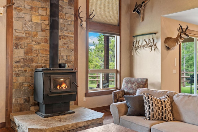 71 Cw Mitchell Ct, Marion, MT 59925 - living area with a wood stove and wood finished floors