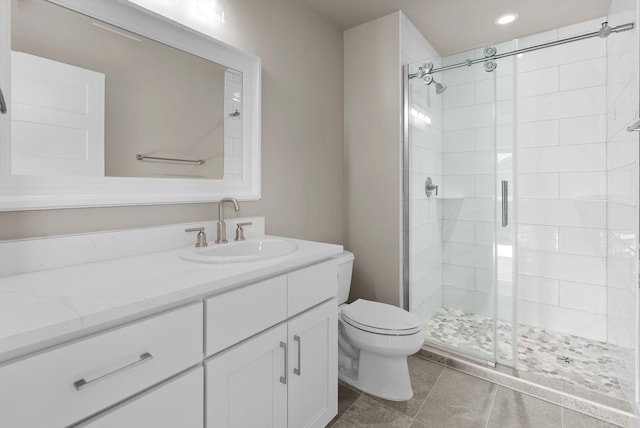 6201 Shiloh Ave Unit G, Whitefish, MT 59937 - full bath with vanity, a stall shower, recessed lighting, and tile patterned floors