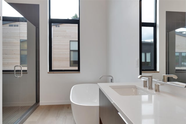 134 2nd St W Unit B, Whitefish, MT 59937 - bathroom featuring vanity, a shower stall, a freestanding bath, and wood finished floors